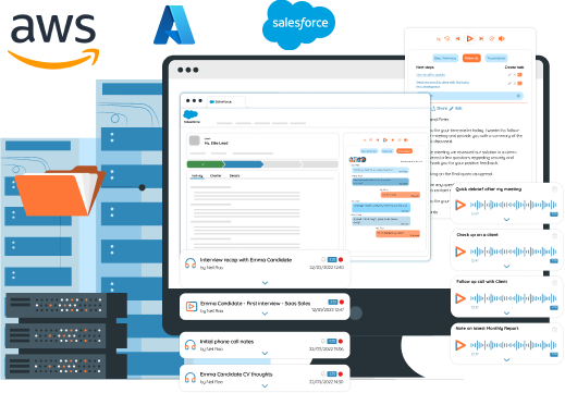 datastorage Blog thumbnail showing a Salesforce record with Vinton generated data, AWS, Azure and Salesforce logos show at the top of the image and on the left are illustrations of storage like servers.